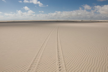Atins, Maranhao, Brazil - May 25, 2016: Tire tracks at Lencois Maranhenses National Park dunes
