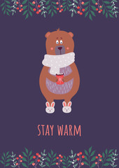 Christmas card with a bear with plants on a purple background.