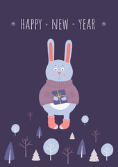 Christmas card with a hare. Hare in a lilac sweater with a gift on a purple background with trees.