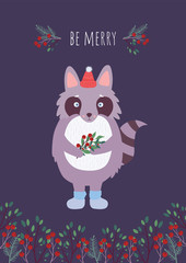 Christmas card with raccoon. Raccoon in a red hat with a bouquet of branches and berries on a purple background with plant elements.