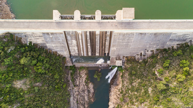 Aerial view of Boadella i les Escaules water dam, Spain.