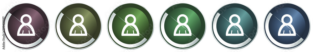 Poster person icon set, colorful silver metallic chrome vector illustrations in 6 options for web design an
