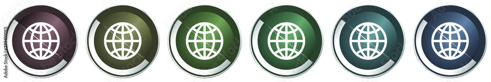 Poster globe icon set, colorful silver metallic chrome vector illustrations in 6 options for web design and
