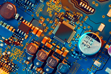 Electronic circuit board close up.