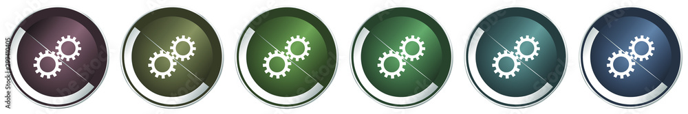 Poster Gears icon set, colorful silver metallic chrome vector illustrations in 6 options for web design and mobile applications