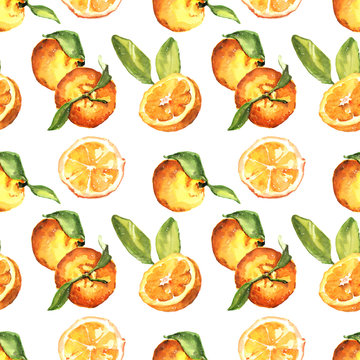 Watercolor hand painted fresh juicy orange fruit slices and flowers seamless pattern