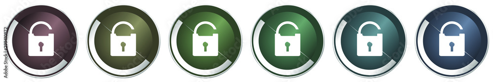 Poster padlock icon set, colorful silver metallic chrome vector illustrations in 6 options for web design a