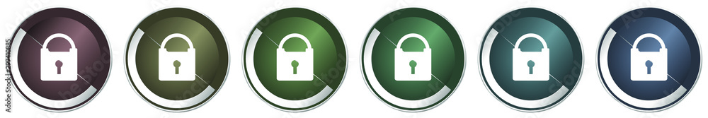 Aufkleber Padlock icon set, colorful silver metallic chrome vector illustrations in 6 options for web design and mobile applications