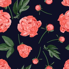 Floral Seamless Pattern with Coral Orange Peonies. Spring Blooming Flowers Background for Fabric, Prints, Wedding Decoration, Invitation, Wallpapers, Wrapping Paper. Black background.