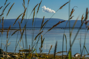 Beautiful coast of the White Sea at sunset. Russian North, Murmansk region, Kandalaksha. Luwenga.