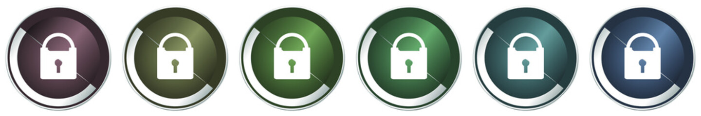 Padlock icon set, colorful silver metallic chrome vector illustrations in 6 options for web design and mobile applications