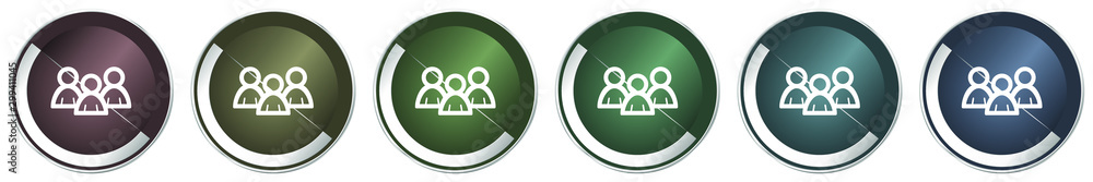 Poster people icon set, colorful silver metallic chrome vector illustrations in 6 options for web design an