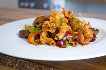 Food photography of Italian pasta with mushrooms and fennel