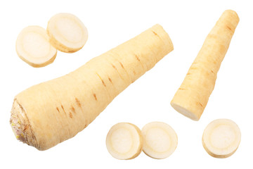 fresh parsley root with slices isolated on white background. top view