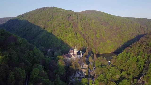 aerial view of Lillafured Castle in Miskolc, Aerial video shows the castle of Lillaf&uuml;red near Miskolc, Hungary