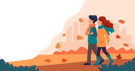 Couple walking in autumn. Cute vector illustration in flat style.
