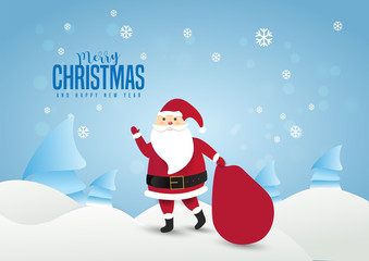 Santa Claus with a huge bag on the walk to delivery christmas gifts at snow fall.Merry Christmas and happy new year text  Lettering Vector illustration.