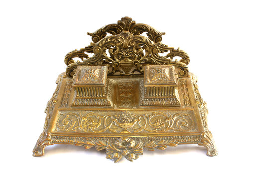 Very Ornate Vintage Gold Ink And Stationary Stand on White Background
