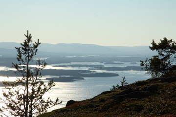 Beautiful view of the White sea from the mountain. Arctic. Murmansk region. Kandalaksha city.