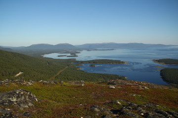 Beautiful view of the White sea from the mountain. Arctic. Murmansk region. Kandalaksha city.