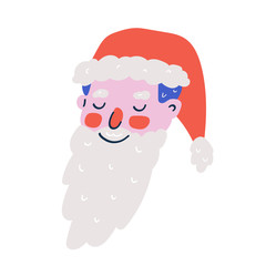 Simple vector icon with santa claus face with white bear and red hat with bombom, cute modern character avatar, good as card, banner or logo. Flat caute doodle cartoon style.