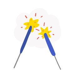 Simple vector icon with couple of burning spaklers for new year or christmas celebration party, bengal light sticks, good as card, banner or logo. Flat cute doodle cartoon style.