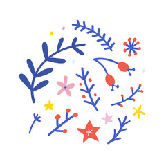 Simple vector icon arrangement with floral christmas winter isolated clip art elements, plant leaves, branches, berry and doodles. good as card, banner or logo. Flat cute doodle cartoon style.