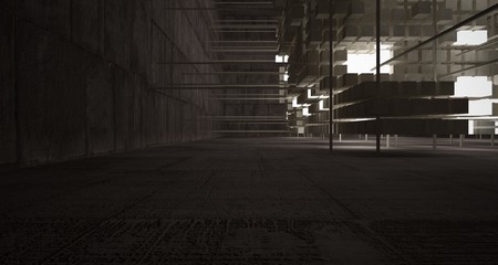 Abstract architectural concrete brown interior  from an array of beige cubes  with neon lighting. 3D illustration and rendering.