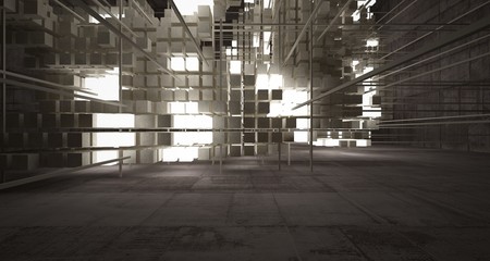 Abstract architectural concrete brown interior  from an array of beige cubes  with neon lighting. 3D illustration and rendering.