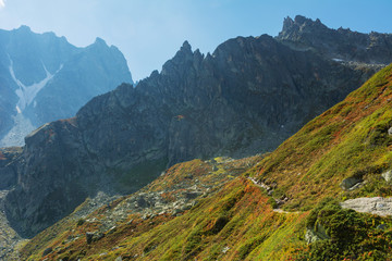 Wonderful views of the mountains in the Swiss Alps with backpackers.