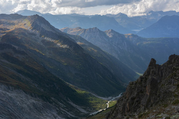 Wonderful views of the mountains in the Swiss Alps with backpackers.