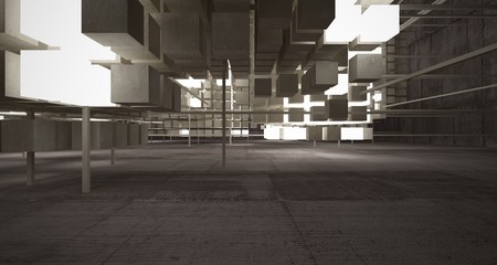 Abstract architectural concrete brown interior  from an array of beige cubes  with neon lighting. 3D illustration and rendering.