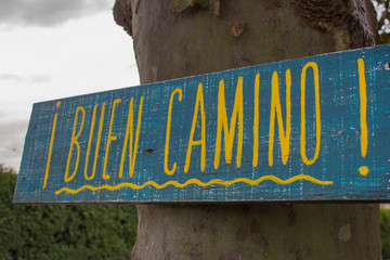 Traditional pilgrim's sign on the Way of Saint James to Santiago de Compostela, Spain. Wooden vintage board with words "Buen Camino" on the tree. Navigation sign. Route marker. Pilgrimage concept.