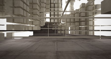 Abstract architectural concrete brown interior  from an array of beige cubes  with neon lighting. 3D illustration and rendering.