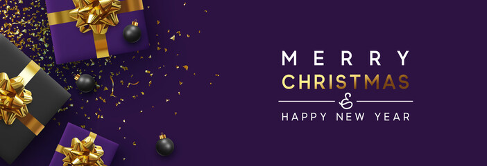 Banner Merry Christmas and Happy New Year. Realistic gift boxes, Shiny golden confetti. Festive background Greeting card poster. web heading. Xmas present. flat lay, top view. Vector illustration © lauritta
