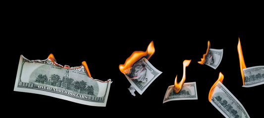 Several 100 dollar bills, falling down, burn on a black background. The concept of bankruptcy,...