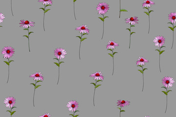 Floral seamless pattern with small  flowers Echinacea Purpurea and green leaves on gray background. For your design, textile, wallpapers, print. Vector.