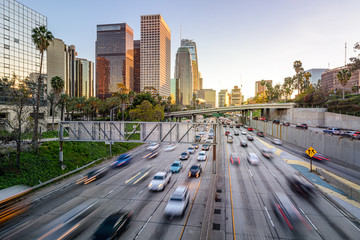 Los Angeles freeway traffic at sunset