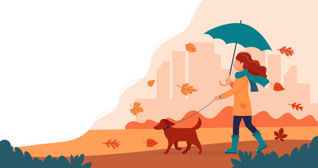 Woman walking a dog in autumn with umbrella. Cute vector illustration in flat style.