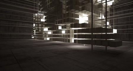 Abstract architectural concrete brown interior  from an array of beige cubes  with neon lighting. 3D illustration and rendering.