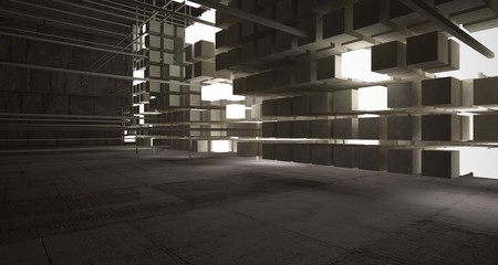 Abstract architectural concrete brown interior  from an array of beige cubes  with neon lighting. 3D illustration and rendering.