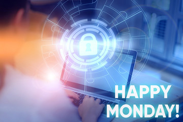 Conceptual hand writing showing Happy Monday. Concept meaning telling that demonstrating order to wish him great new week Picture photo network scheme with modern smart device