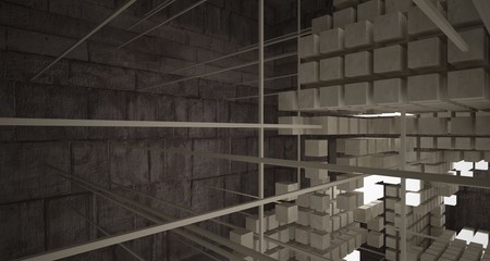 Abstract architectural concrete brown interior  from an array of beige cubes  with neon lighting. 3D illustration and rendering.