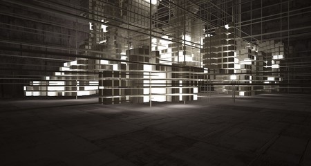 Abstract architectural concrete brown interior  from an array of beige cubes  with neon lighting. 3D illustration and rendering.