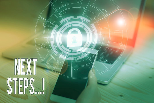 Text sign showing Next Steps. Business photo text something you do after you have finished doing first one Picture photo system network scheme modern technology smart device