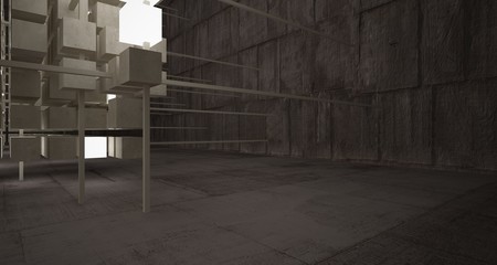 Abstract architectural concrete brown interior  from an array of beige cubes  with neon lighting. 3D illustration and rendering.