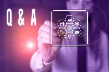 Word writing text Q And A. Business photo showcasing defined as questions being asked and answers Woman wear formal work suit present presentation using smart latest device