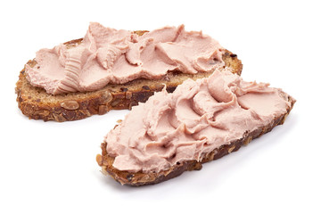 Obraz premium Sandwich with homemade chicken liver pate, isolated on white background