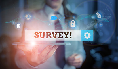 Conceptual hand writing showing Survey. Concept meaning research method used for collecting data from a predefined group Picture photo network scheme with modern smart device