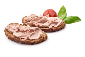 Chicken liver pate sandwich, isolated on white background